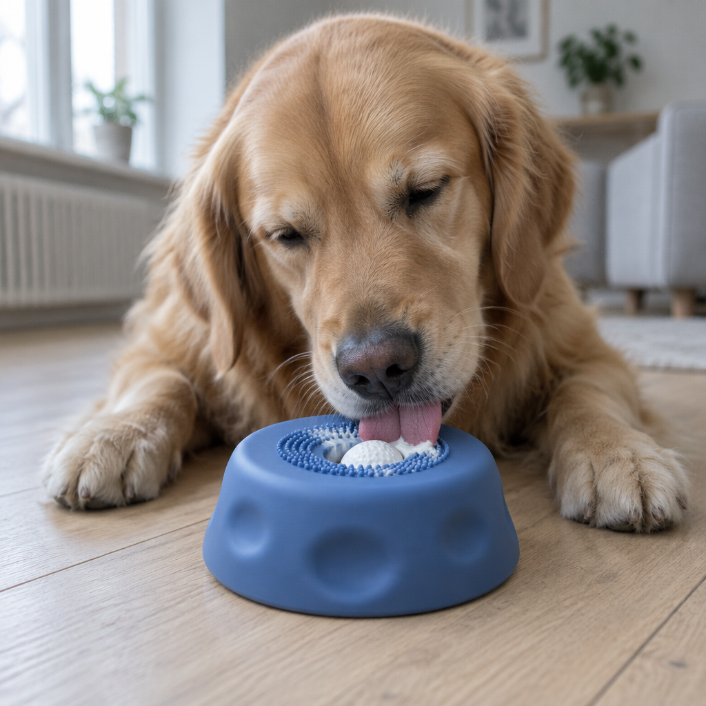 Hund slickar kvarg ur den blå slickskålen på vardagsrumsgolvet