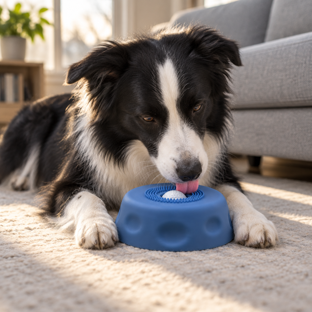 Border collie ligger på mattan och slickar ur slickskålen