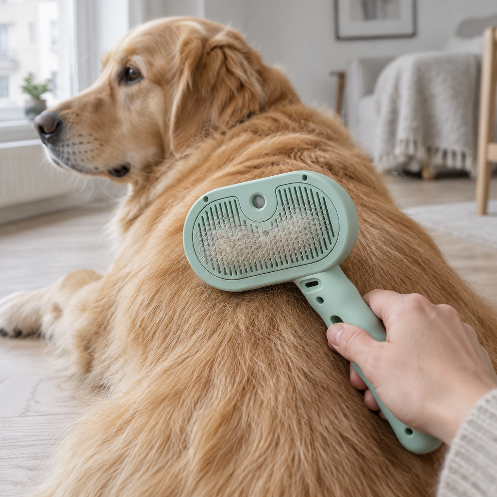 Ångborsten dras över ryggen på en golden retriever, löst hår fastnar mellan stiften