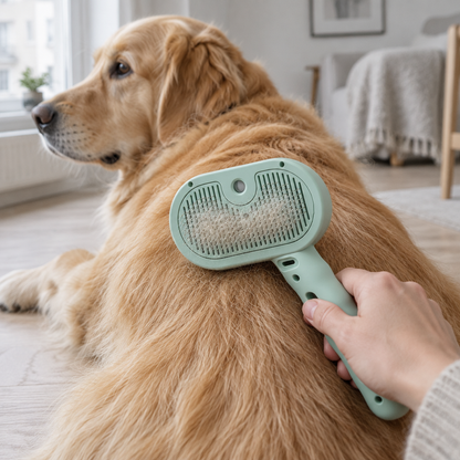 Ångborsten dras över ryggen på en golden retriever, löst hår fastnar mellan stiften
