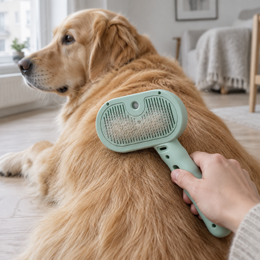 Ångborsten dras över ryggen på en golden retriever, löst hår fastnar mellan stiften