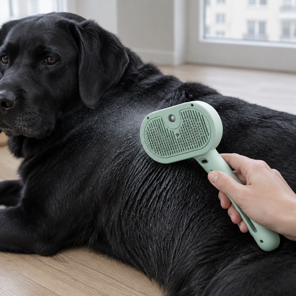 Ångborsten används på en svart labrador, vattendimma syns från huvudet