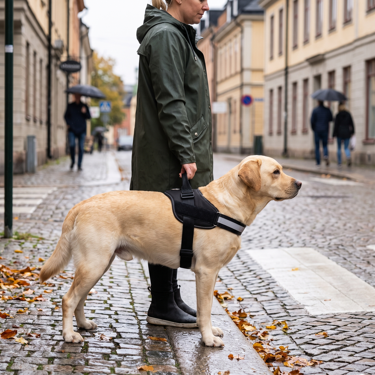 Hund i sele vid övergångsställe, ägaren håller handtaget