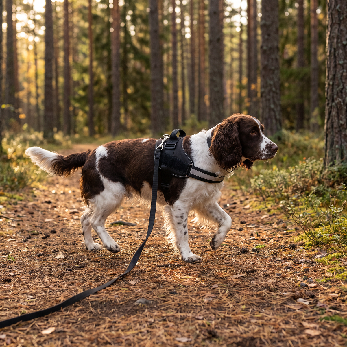 Hund i sele på skogsstig