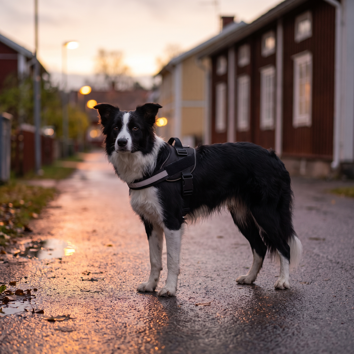 Hund i sele på blöt gata i skymning, reflexbandet syns
